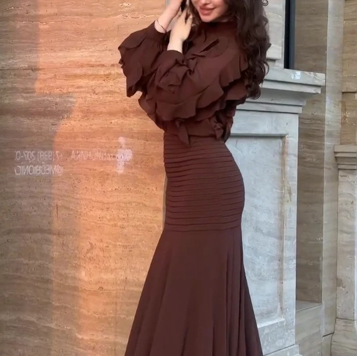 Women's Vintage Ruched Ruffled Slimming Long Dress Elegant Evening Gown