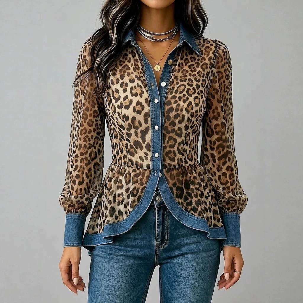 Casual Patchwork Denim and Leopard Print Shirt