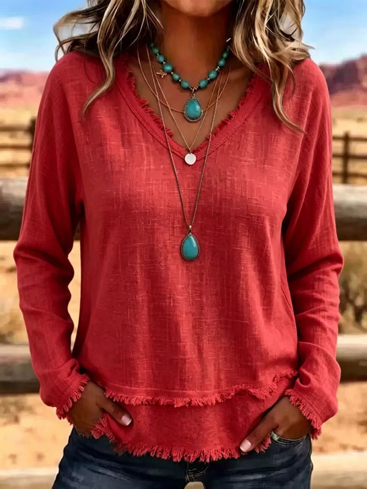 Women's Loose V-Neck Fringe Long-Sleeve Solid Color Casual T-Shirt