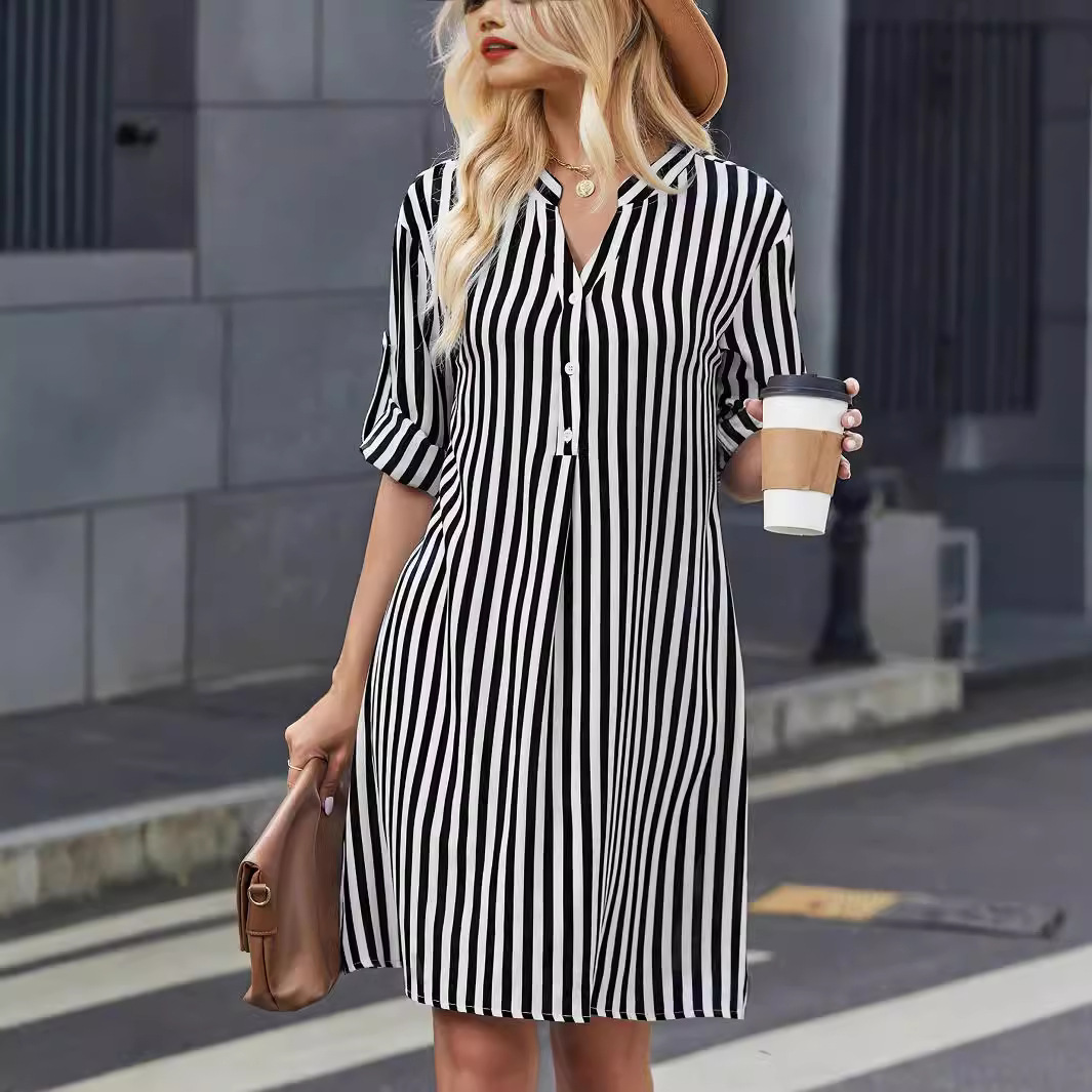 Striped Long Sleeve V-Neck Shirt Dress
