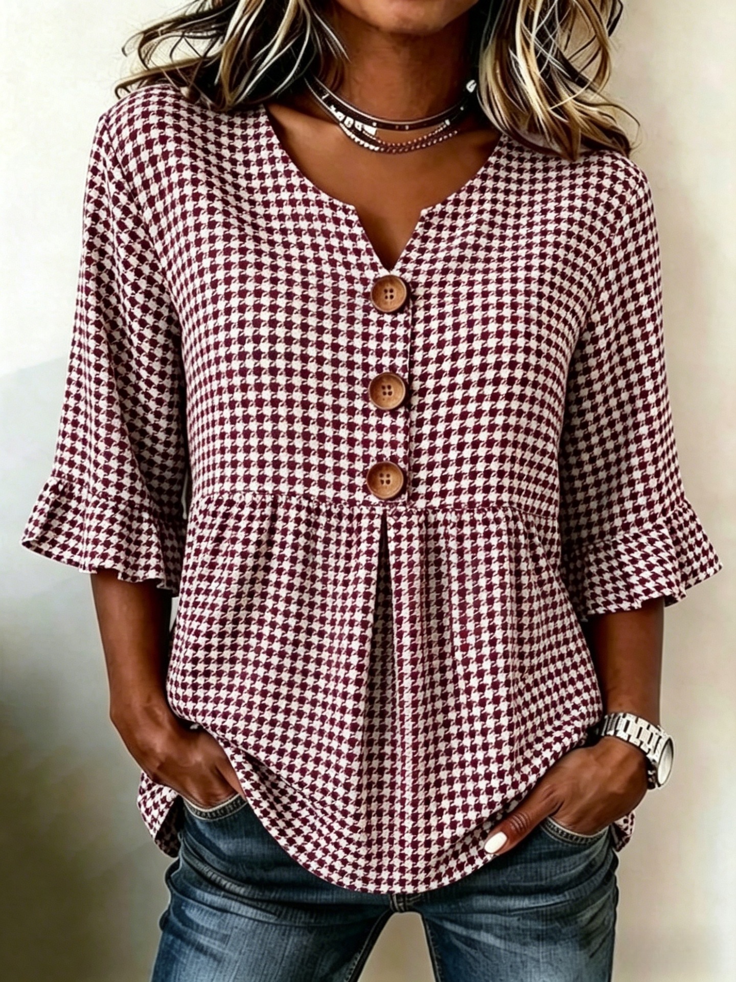 Summer Plaid Floral Print Half-Sleeve Button-Up Top