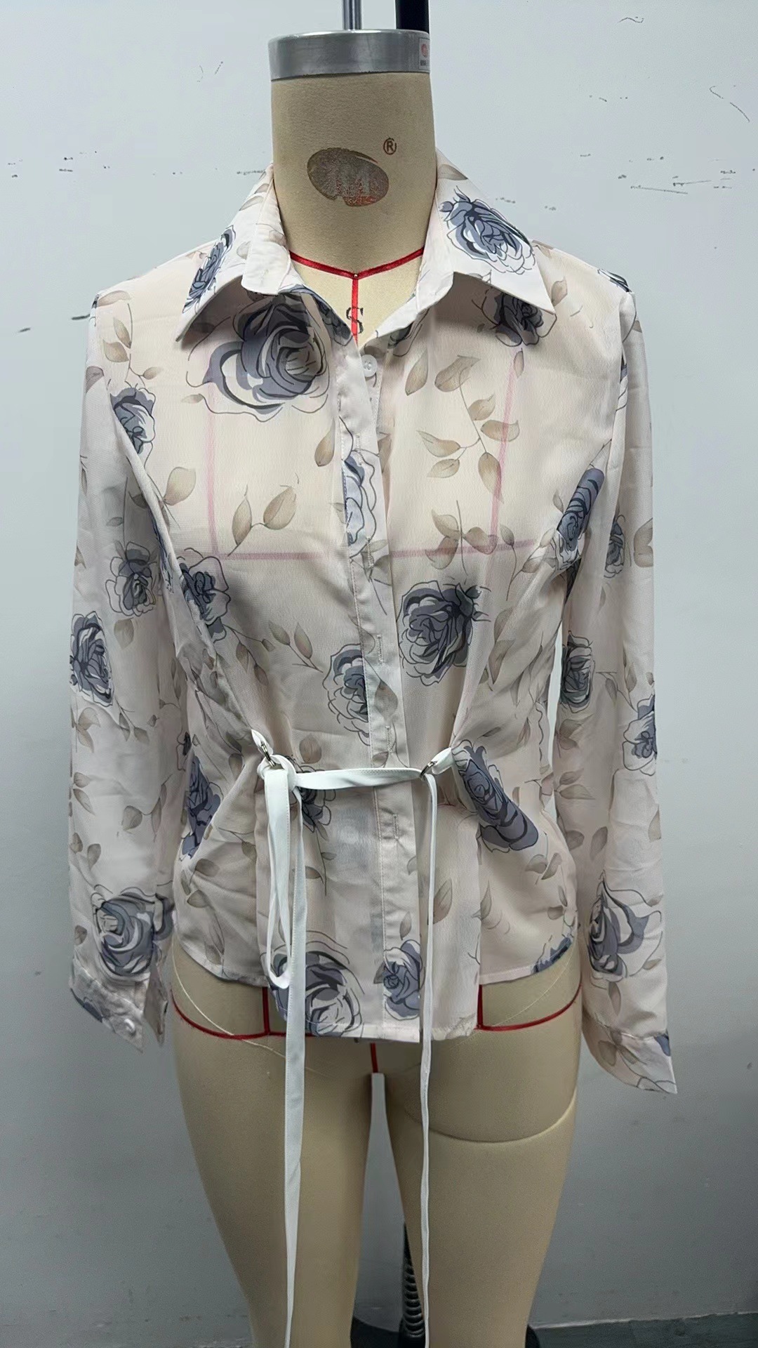 Floral Print Sun Protection Shirt with Waist Tie Long Sleeve Lightweight Blouse