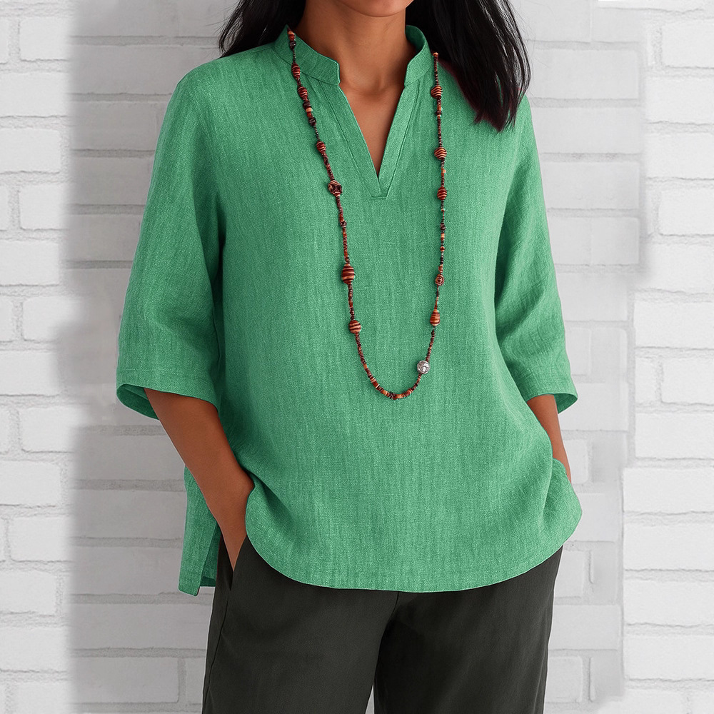 Women's V-Neck 3/4 Sleeve Cotton-Linen Loose Casual Shirt