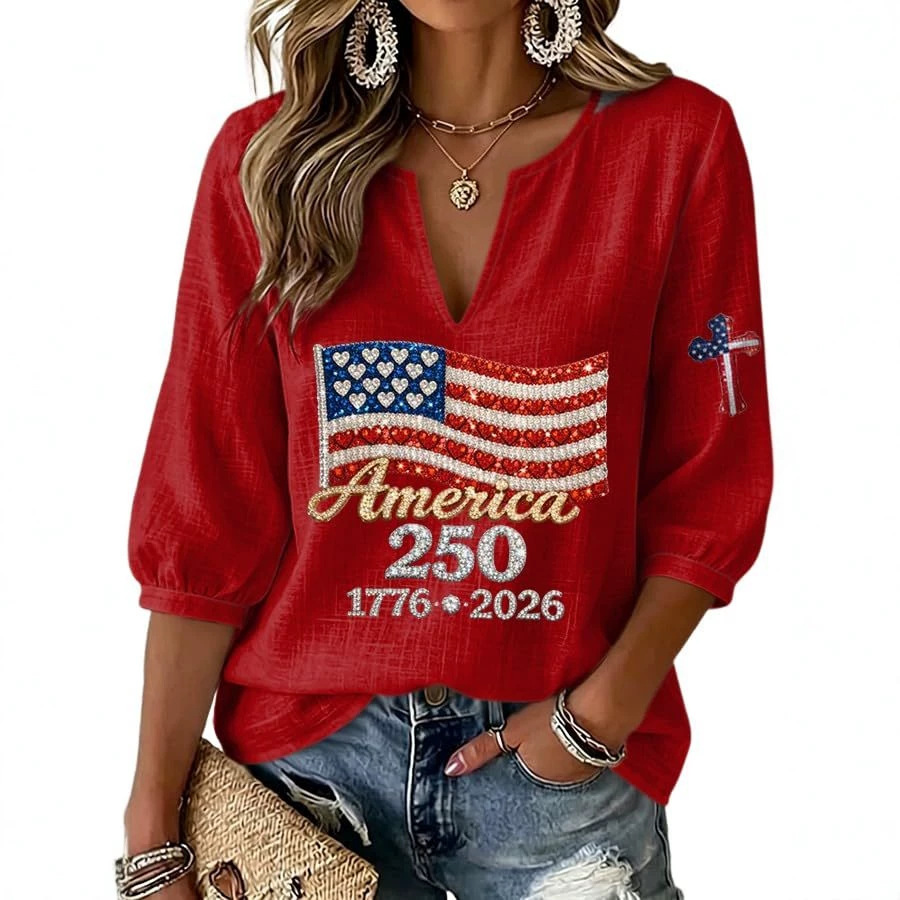 Women's Summer American Flag Print Half-Sleeve Shirt