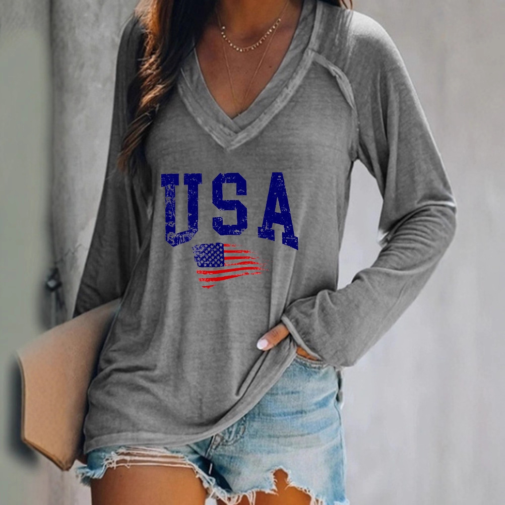 Women's American Flag 3D Print V-Neck Long Sleeve T-Shirt