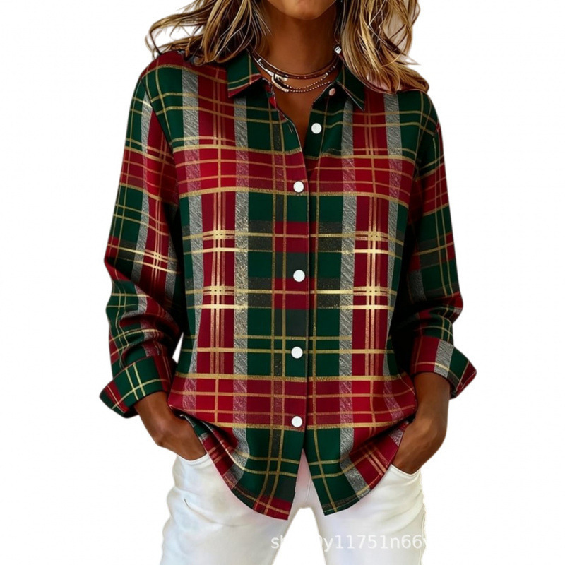 Women's Plaid Floral Print Long Sleeve Button-Up Shirt