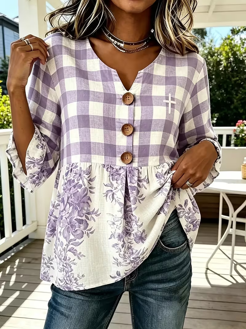 Women's Plaid Print Three-Button Mid-Sleeve Casual Shirt
