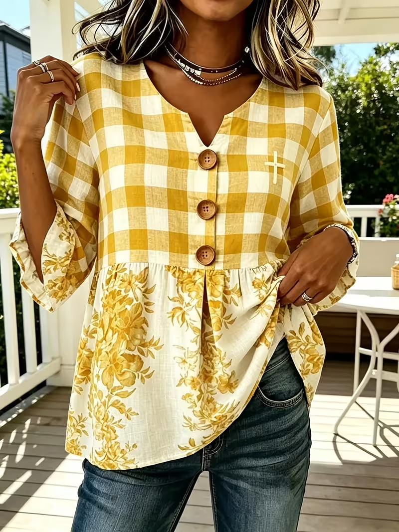 Women's Plaid Print Three-Button Mid-Sleeve Casual Shirt