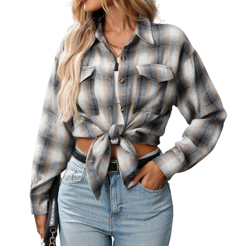 Women's Casual Loose Plaid Button-Front Shirt with Pockets