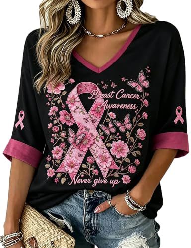Floral Ribbon Print V-Neck Mid-Sleeve Women's Casual Top