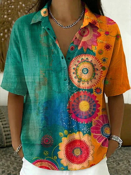 Women's Solid Print Short Sleeve Button-Front Shirt