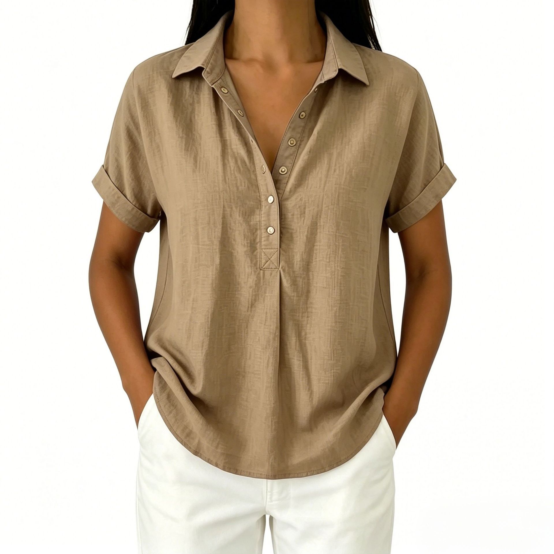Women's Cotton-Linen Collared Shirt Loose Single-Breasted Short-Sleeve Blouse