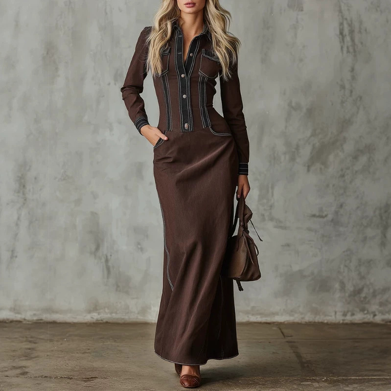 Western Vintage Colorblock Button-Front Long Dress