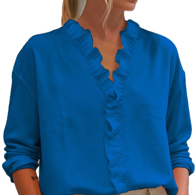 Women's Lace Trim V-Neck Long Sleeve Pullover Blouse