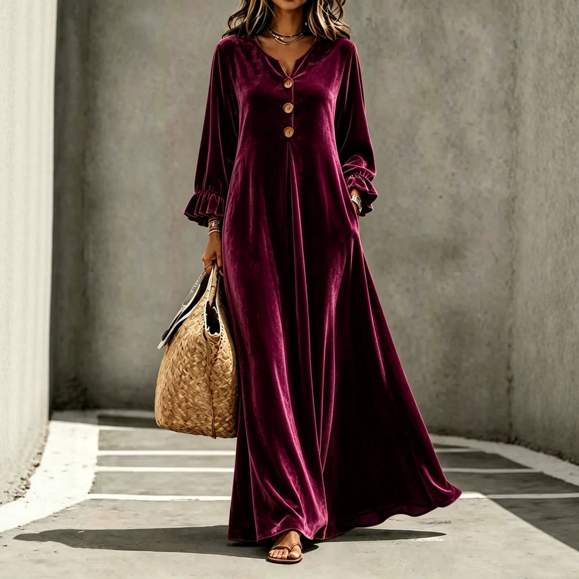 Velvet V-Neck Ruffle-Sleeve Long A-Line Dress