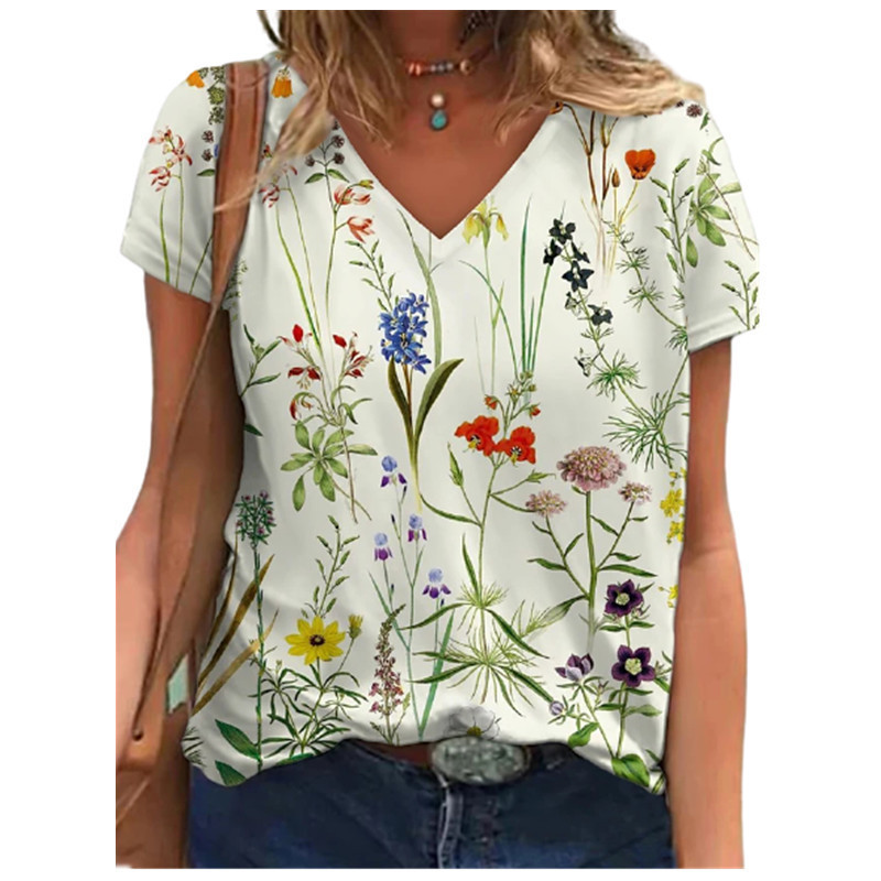 3D Digital Print Short Sleeve V-Neck Loose Women's T-Shirt