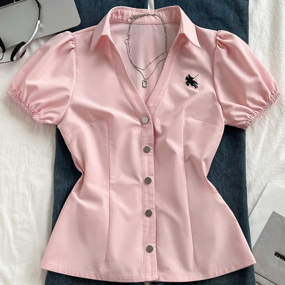 Women's V-Neck Slim Fit Short Sleeve Blouse