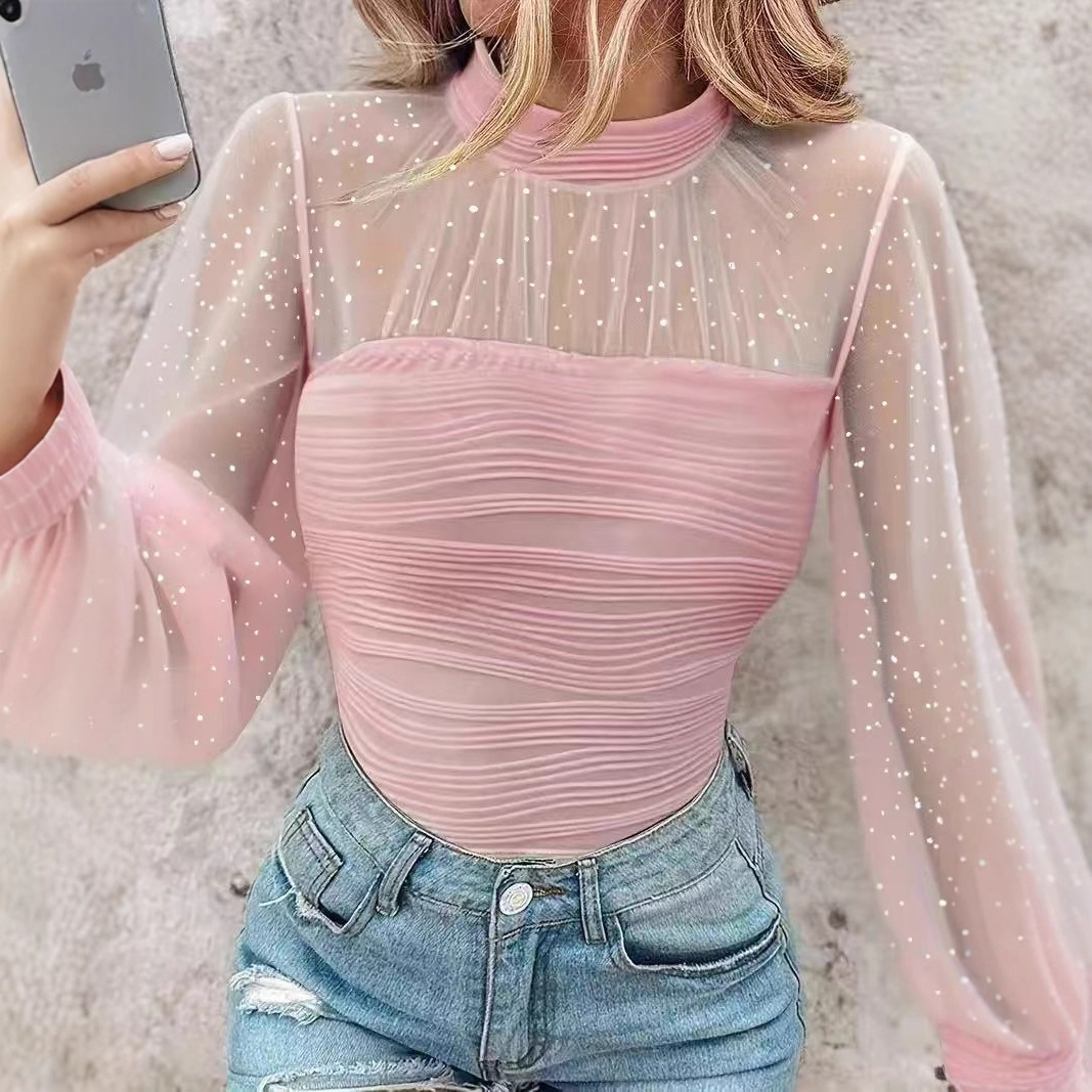 Pearl Mesh Spliced Long Sleeve Top