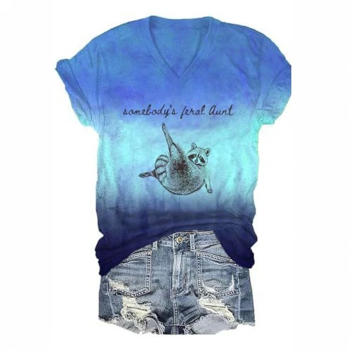 Raccoon Letter Print V-Neck Short Sleeve Women's T-Shirt