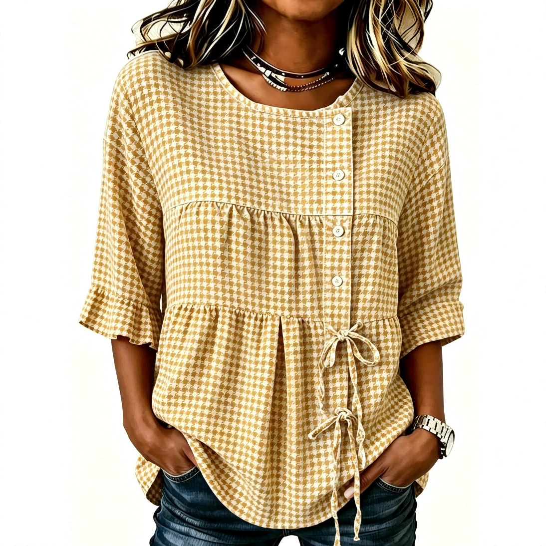 Women's Plaid Print Half-Sleeve Shirt with Diagonal Tie