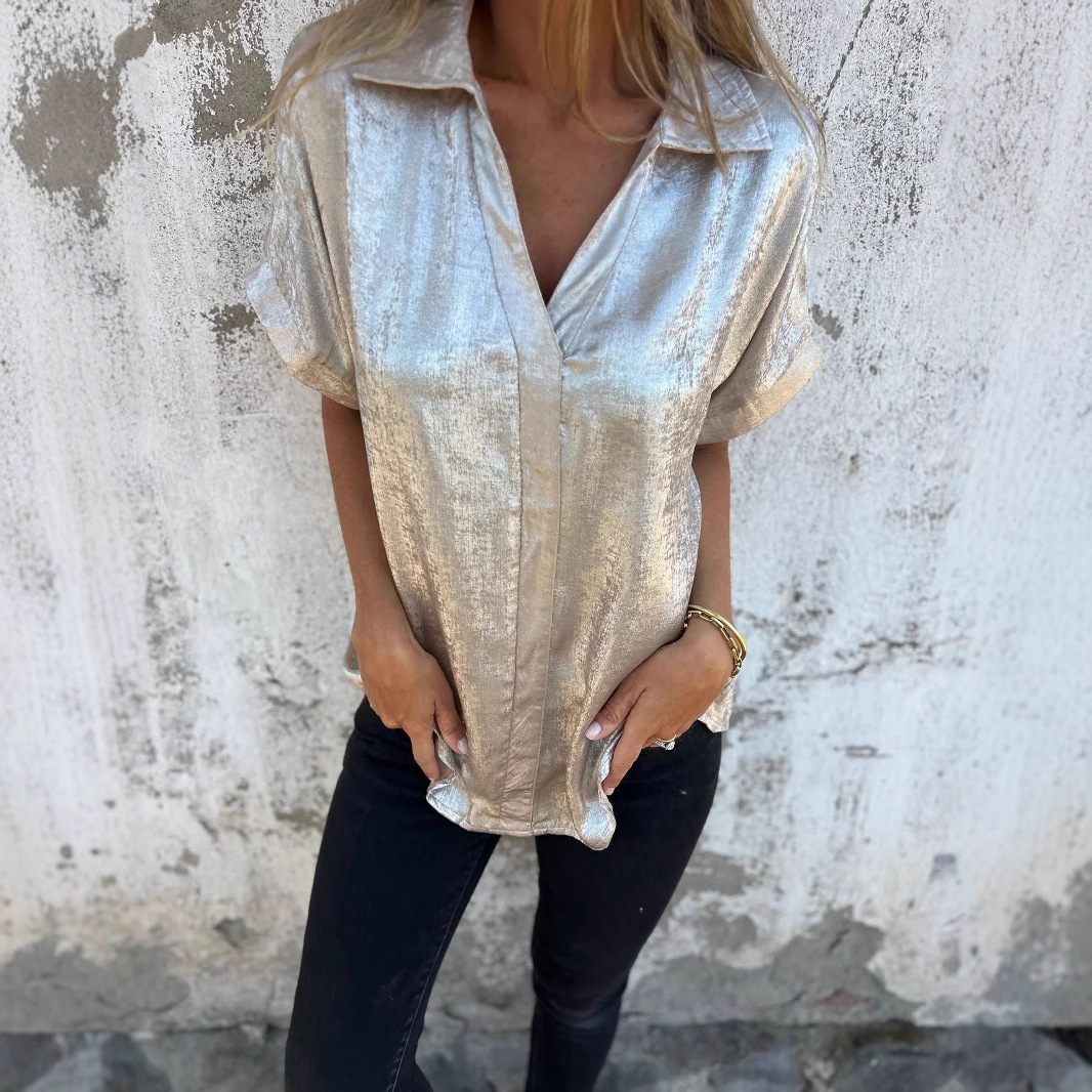 Women's Loose Short Sleeve Collared Shirt with Metallic Accents