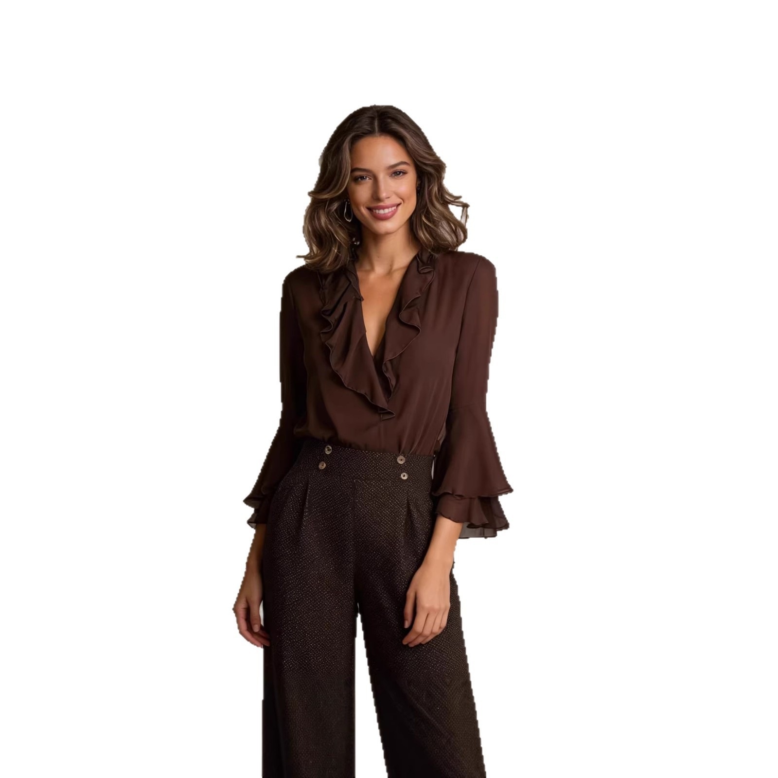 Ruffle Sweetheart V-Neck Long-Sleeve Chiffon Blouse