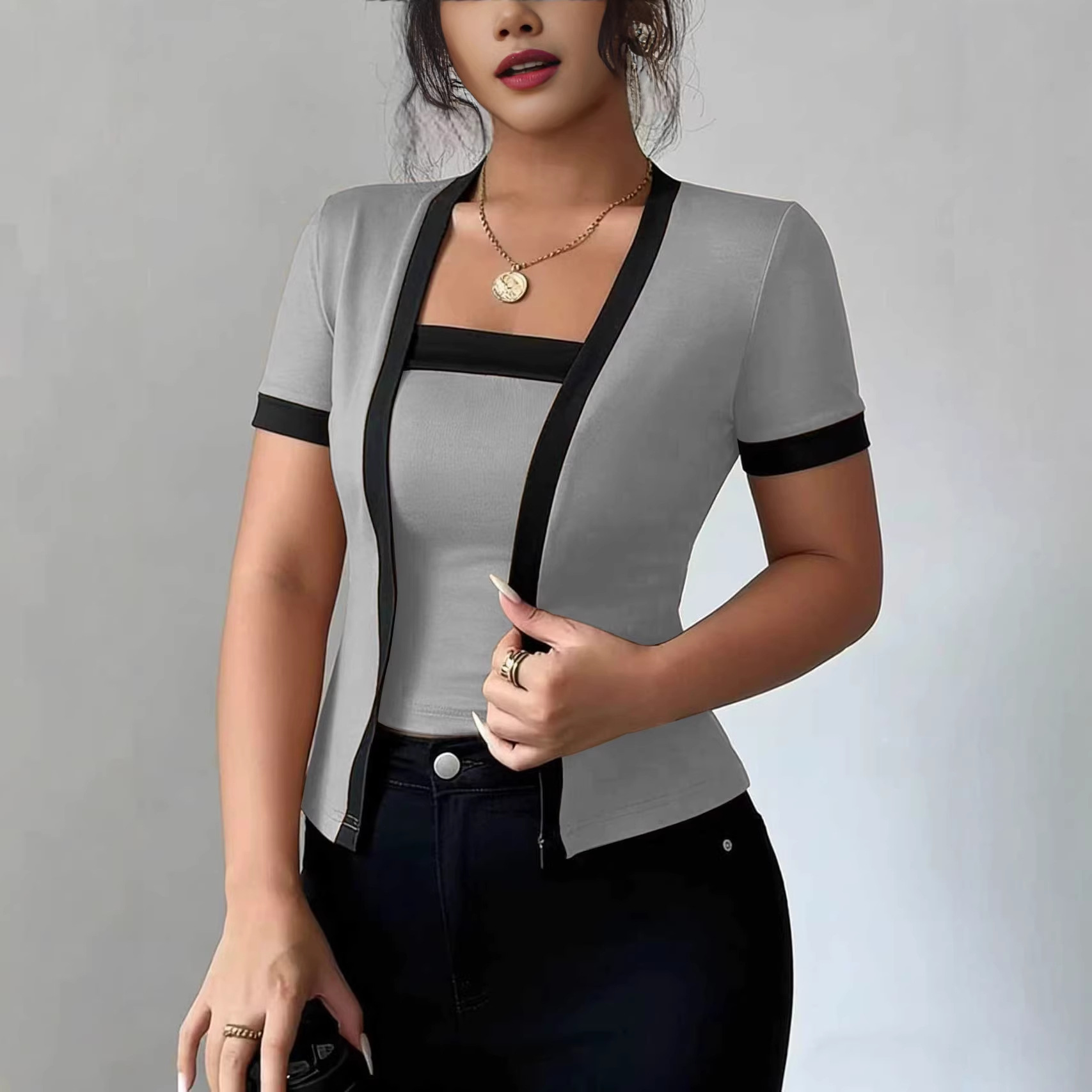 Women's Sexy Open-Front Cardigan Short-Sleeve Faux Two-Piece T-Shirt