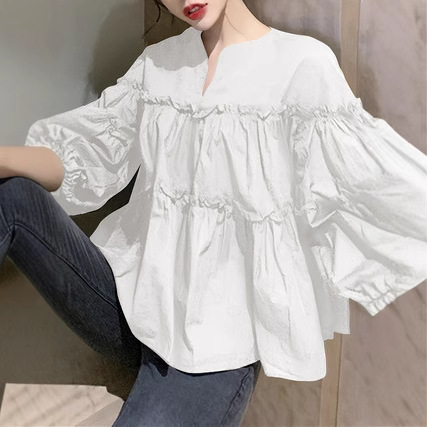 Women's Sweet Loose V-Neck Pleated Blouse with Lantern Sleeves