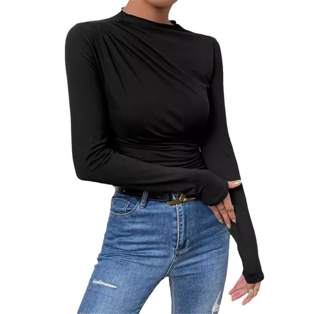 Women's Solid Slim Fit Ruched Long Sleeve Top