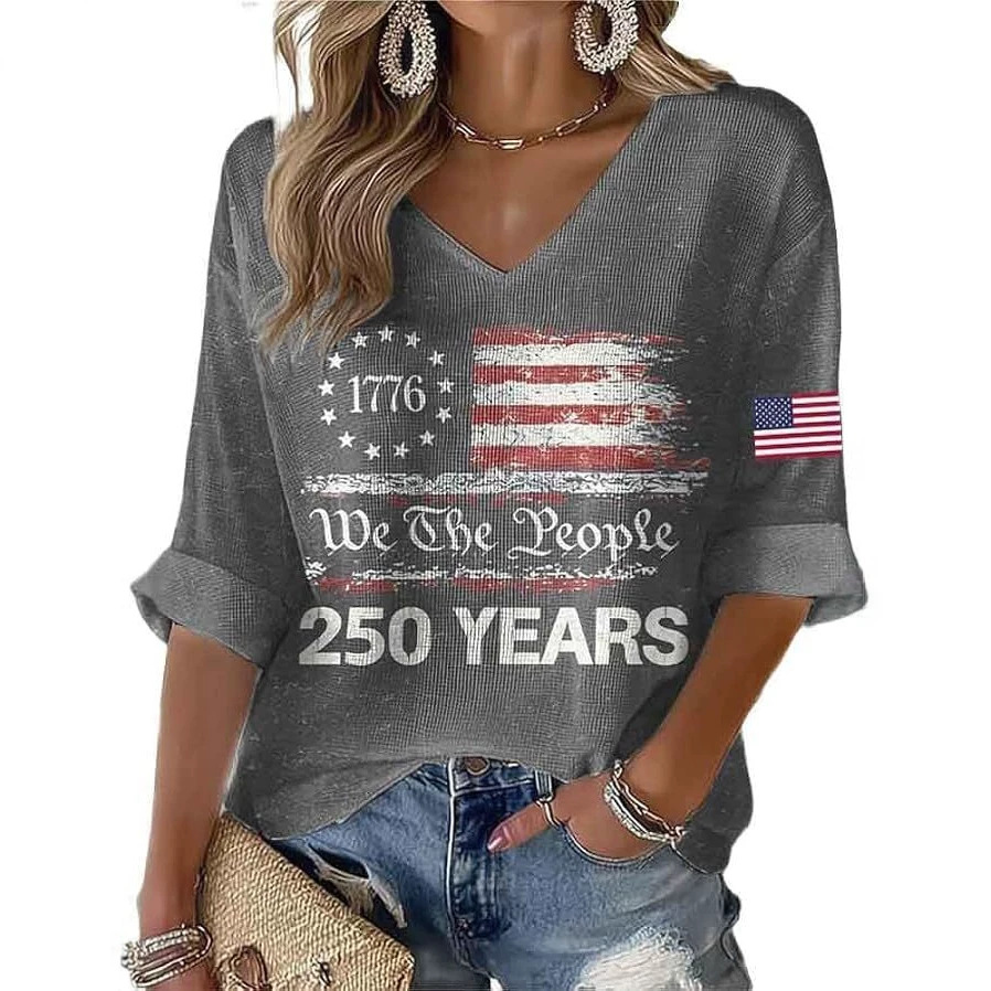 Women's V-Neck American Flag Print T-Shirt
