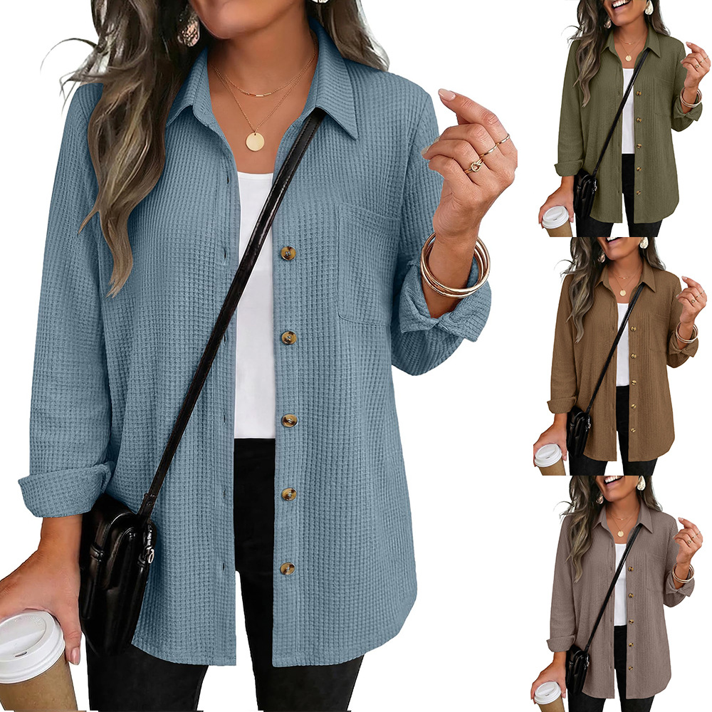 Waffle Knit Long Sleeve Button-Down Shirt