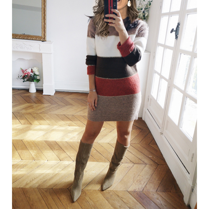 Color-Block Knit Sweater Dress with Round Neck