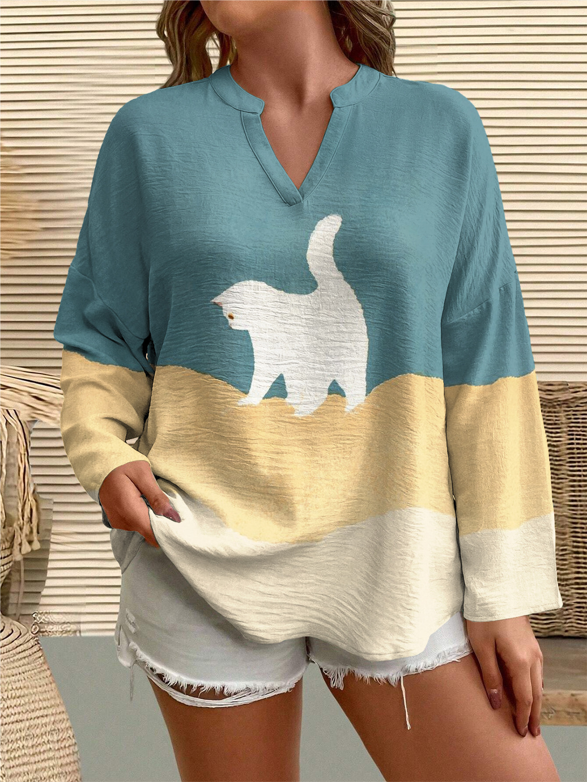 Women's V-Neck Long Sleeve Printed T-Shirt Blouse