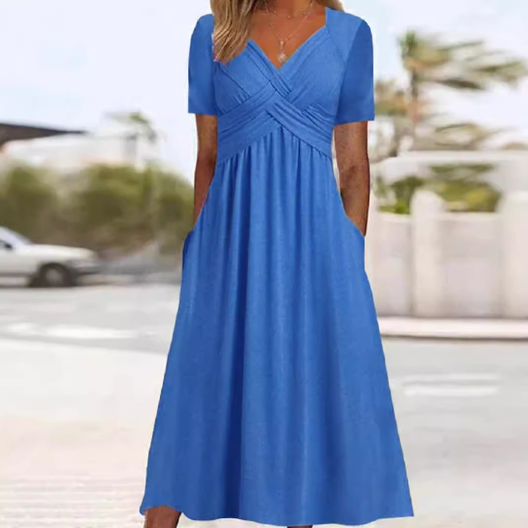 Solid V-Neck Short Sleeve Maxi Dress