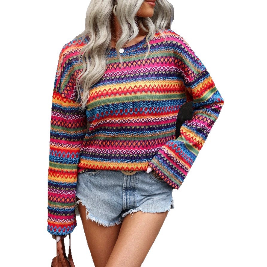 Colorful Geometric Crewneck Knit Long Sleeve Top