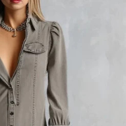 Vintage Washed Khaki Denim Puff Sleeve Mini Dress