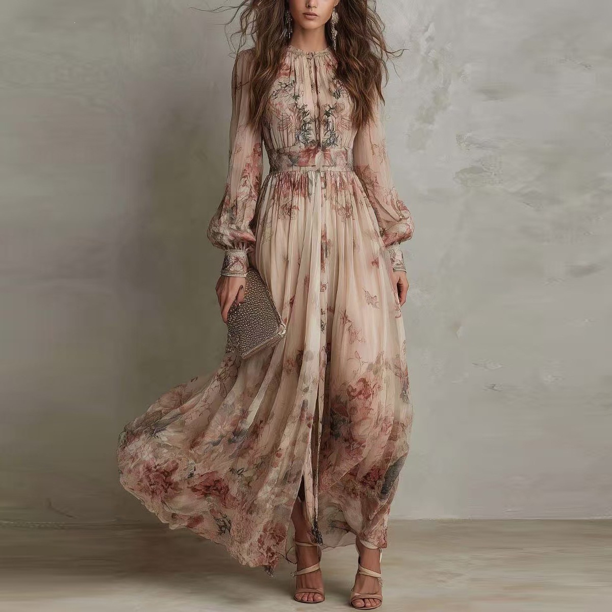 Artistic Retro Floral Print Cinched Waist Pleated Long Dress