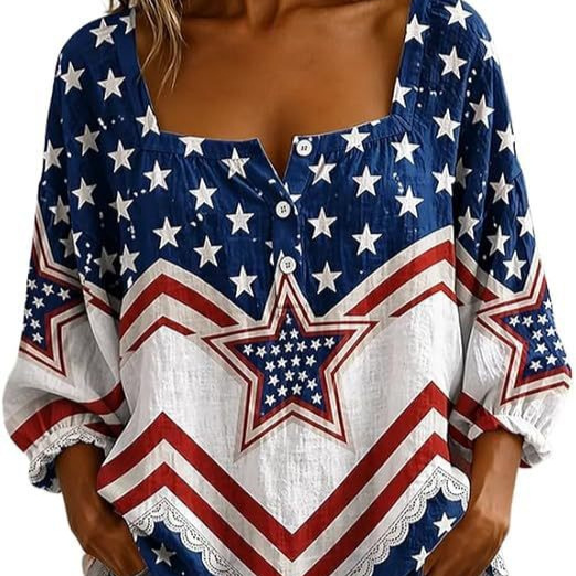 Women's American Flag Star Striped Print Long Sleeve Shirt