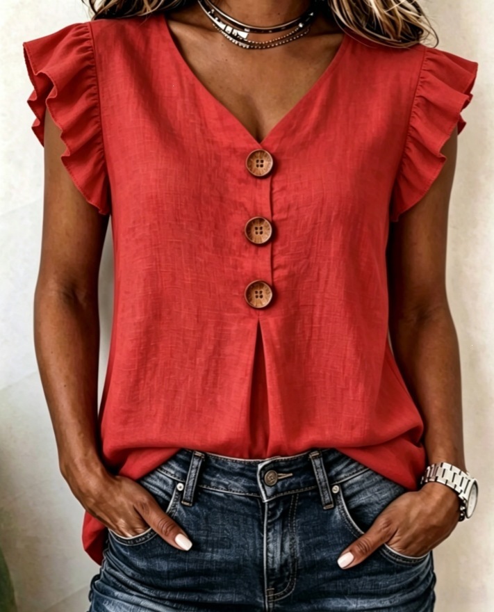 Women's Summer Cotton Linen Ruffle V-Neck Button Top