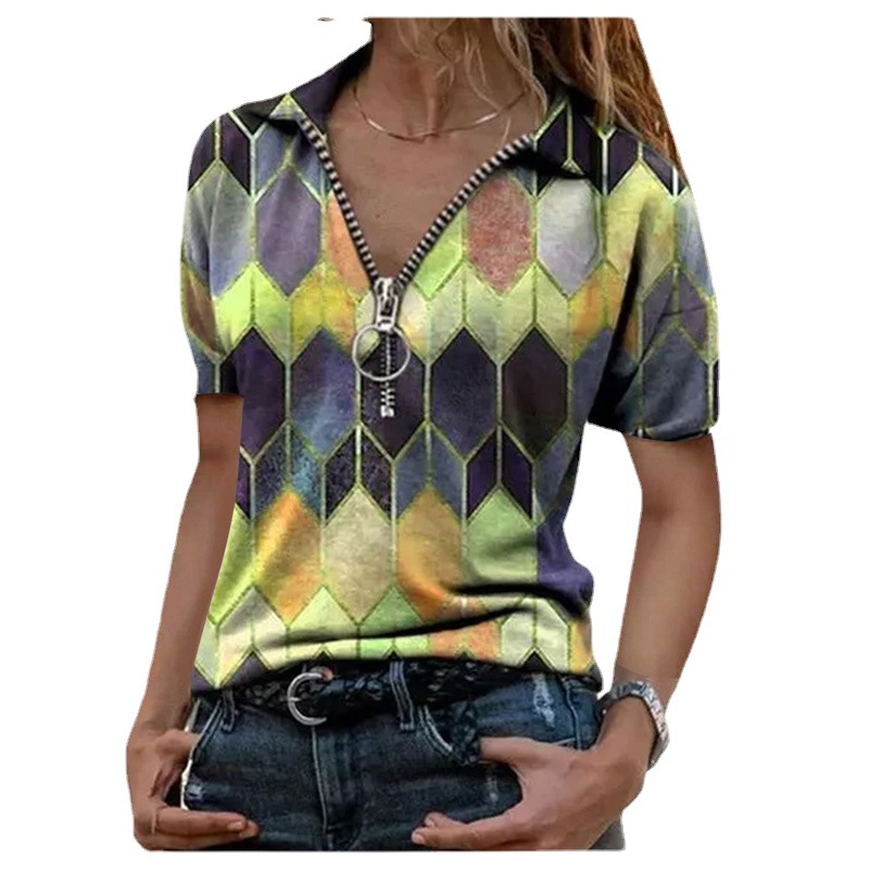 Plus Size Women's V-Neck Zip Colorblock Print Short Sleeve T-Shirt