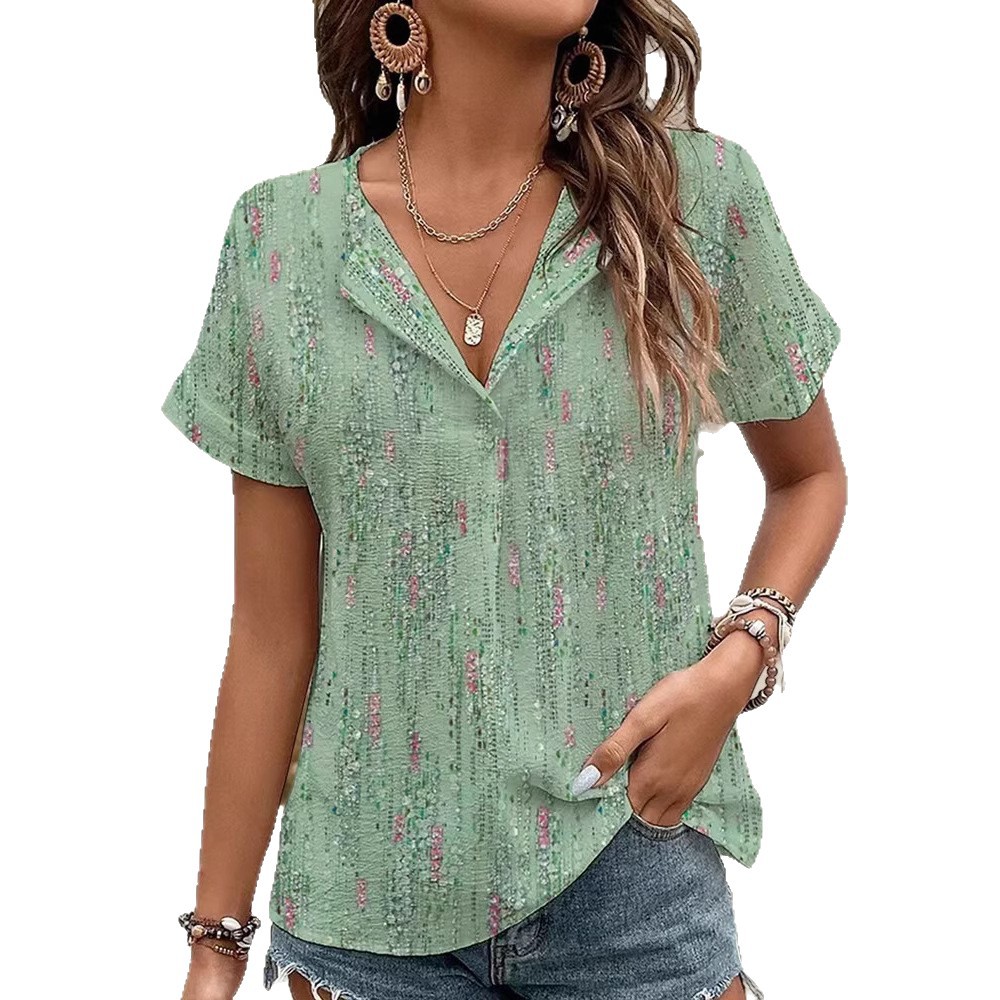 Floral Print V-Neck Short Sleeve Loose Casual Top