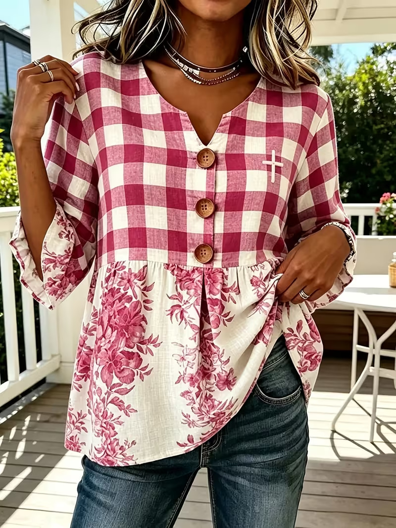 Women's Plaid Print Three-Button Mid-Sleeve Casual Shirt