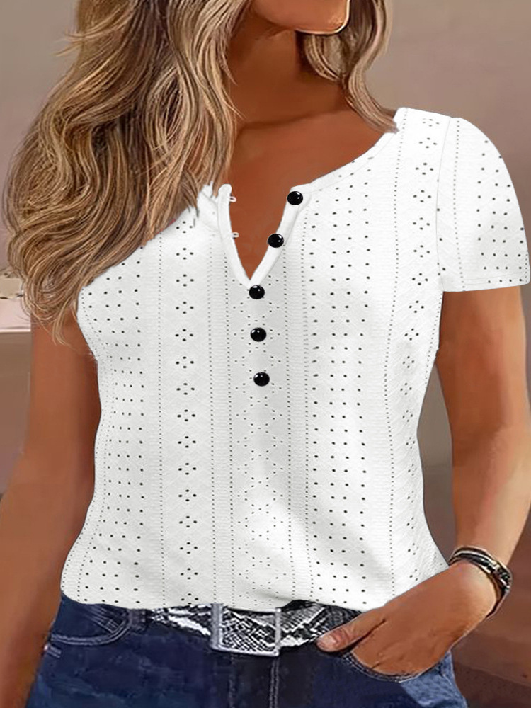 Women's Summer Loose Fit Crew Neck Hollow Out Short Sleeve T-Shirt