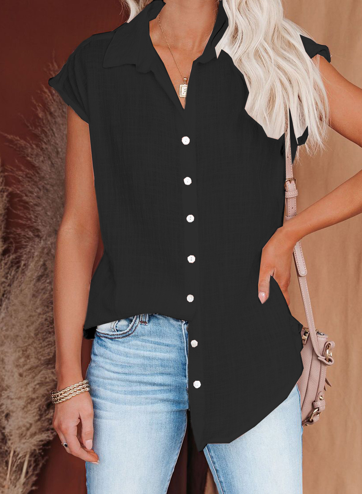 Solid Color Button-Front Collared Sleeveless Loose Shirt