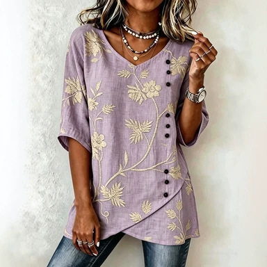 Women's Summer Botanical 3D Print Asymmetric Button Shirt