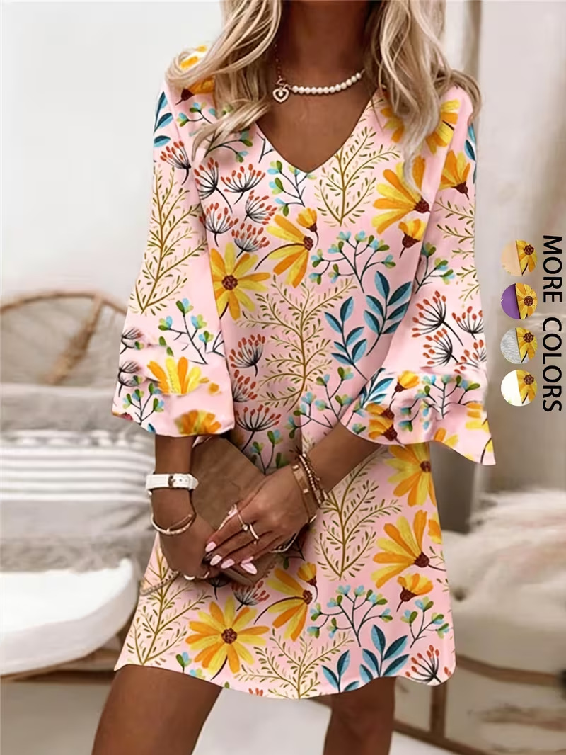 Women's Floral Print Rolled Sleeve Midi Dress