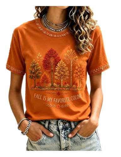 Tree & Maple Leaf Print Short-Sleeve Casual T-Shirt