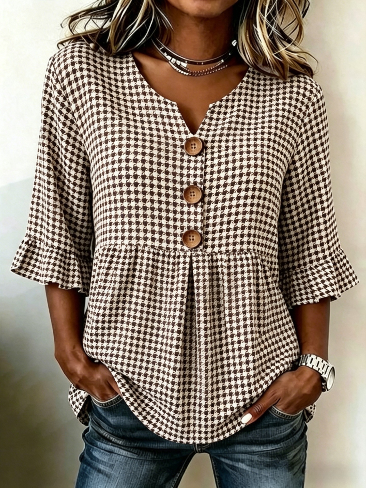 Summer Plaid Floral Print Half-Sleeve Button-Up Top