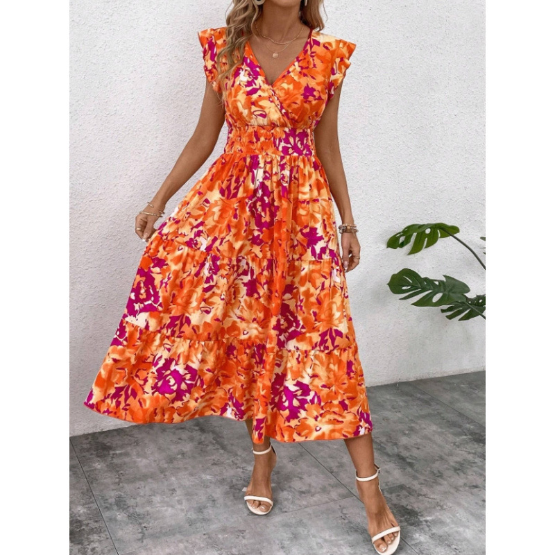 Floral Print High Neck Sleeveless Ruffle Maxi Dress