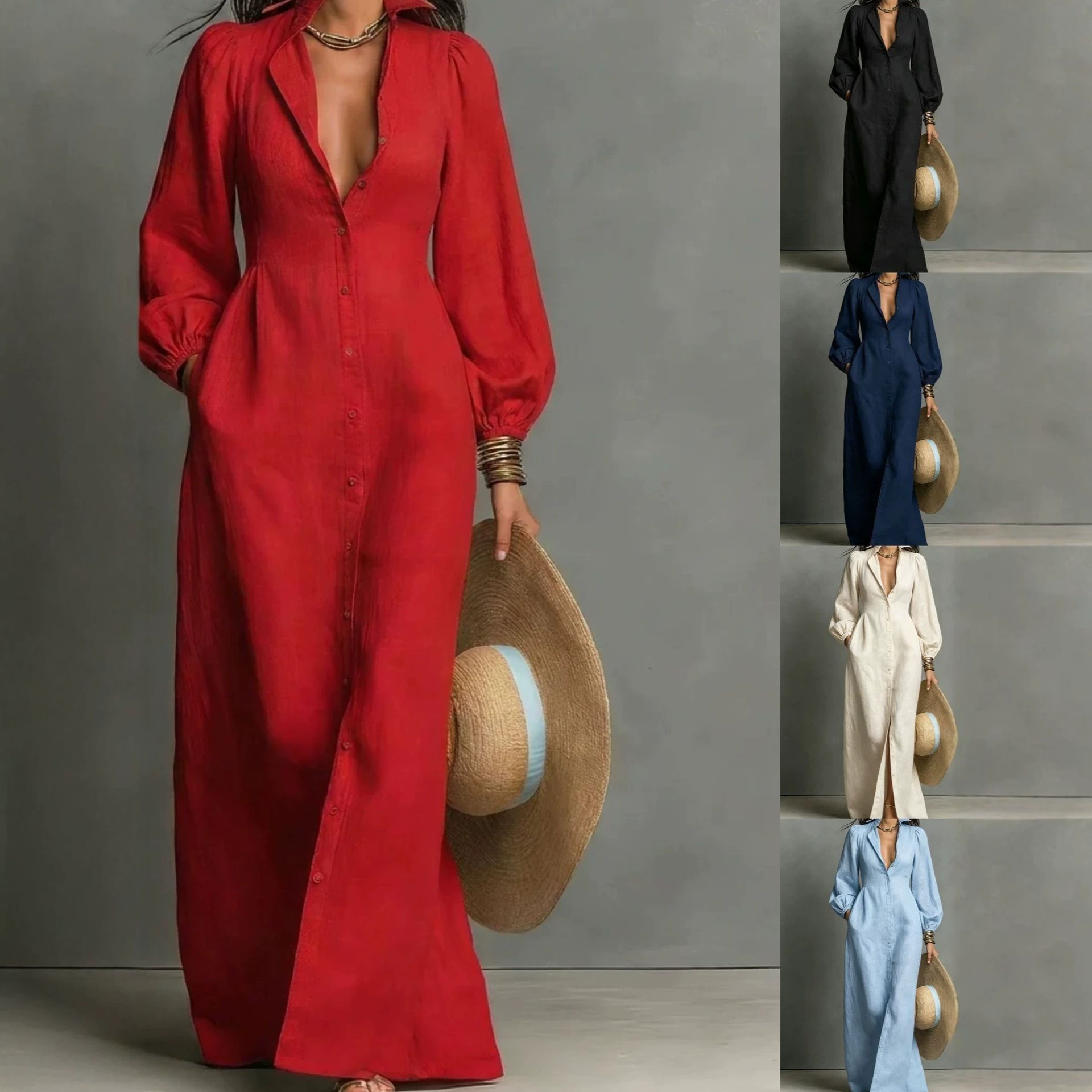 Women's Solid Button-Front Long Shirt Dress with Polo Collar